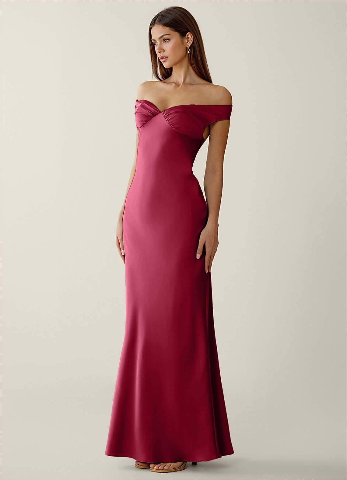 Gwendonme Sheath Off-the-Shoulder Satin Crystal Linen Evening Dress in Ruby Red
