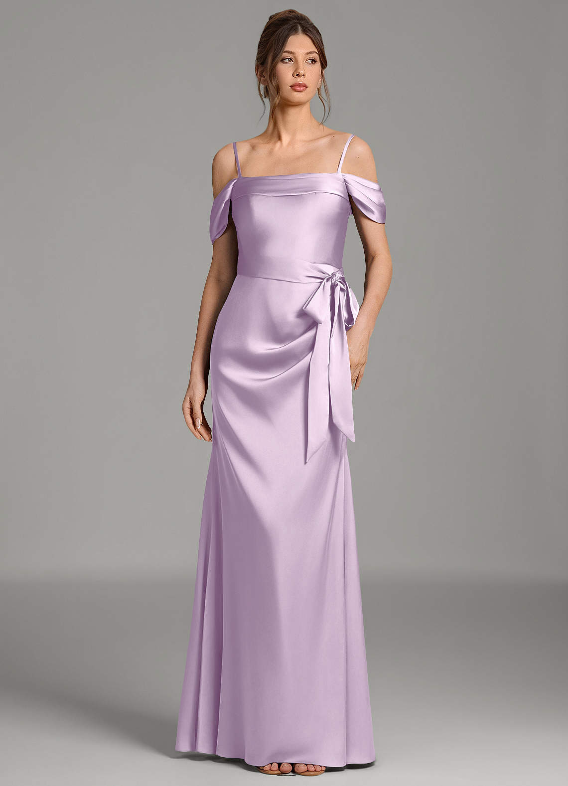 Wyatt Mermaid Off-the-Shoulder Stretch Satin Bridesmaid Dress in Frosted Lilac