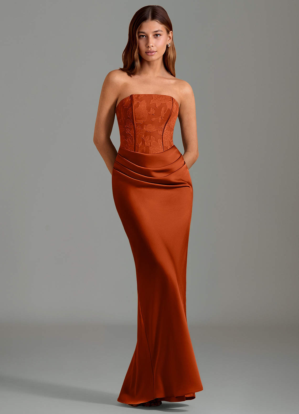 Emilia Mermaid Strapless Stretch Satin and Floral Burnout Bridesmaid Dress in Paprika