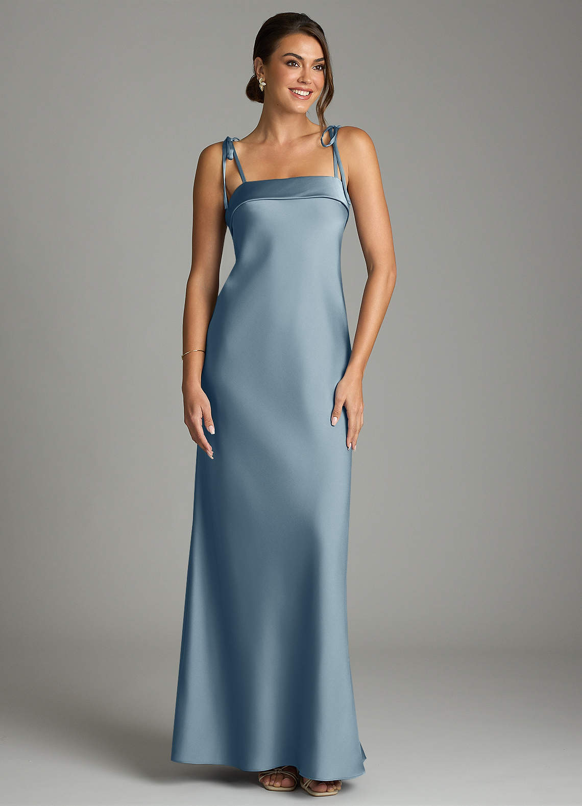 Ellia Sheath Straight-Neck Stretch Satin Bridesmaid Dress in dusty blue