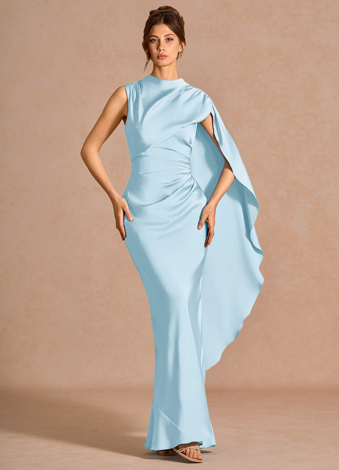 Chesney Cape-Sleeve Pleated Stretch Satin Wedding Guest Dress in Sky Blue