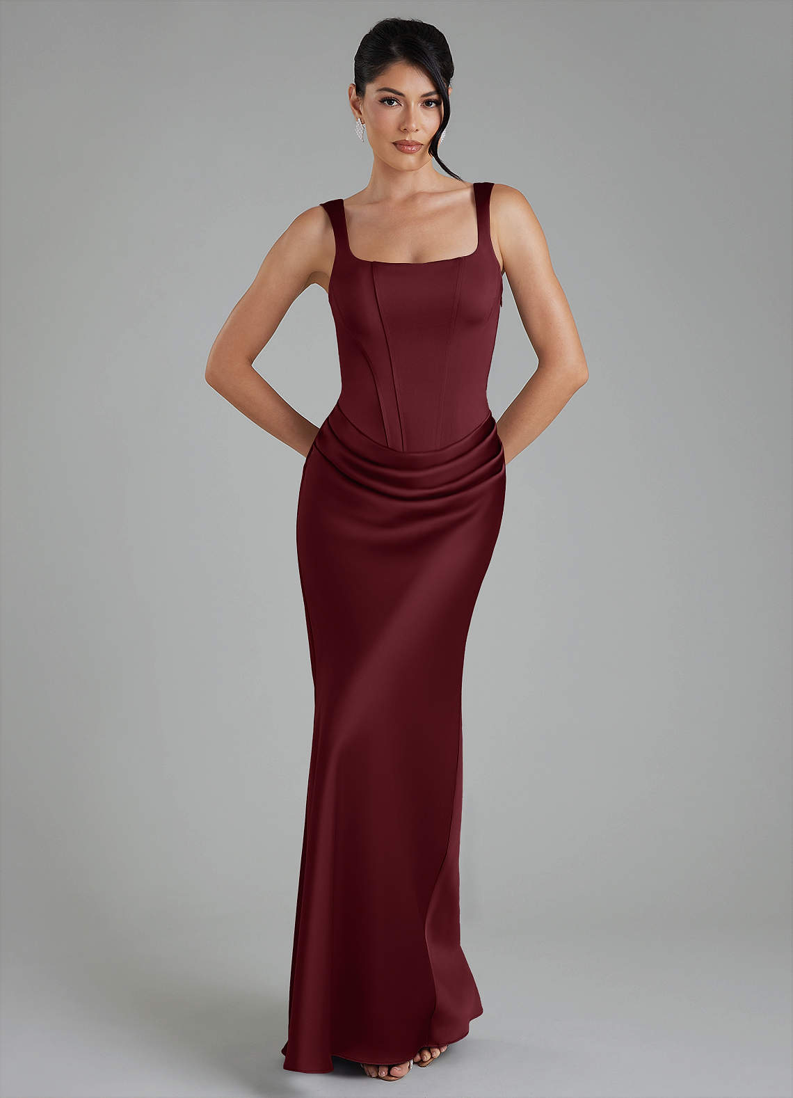 Etta Mermaid Square-Neck Stretch Satin Bridesmaid Dress in Cabernet