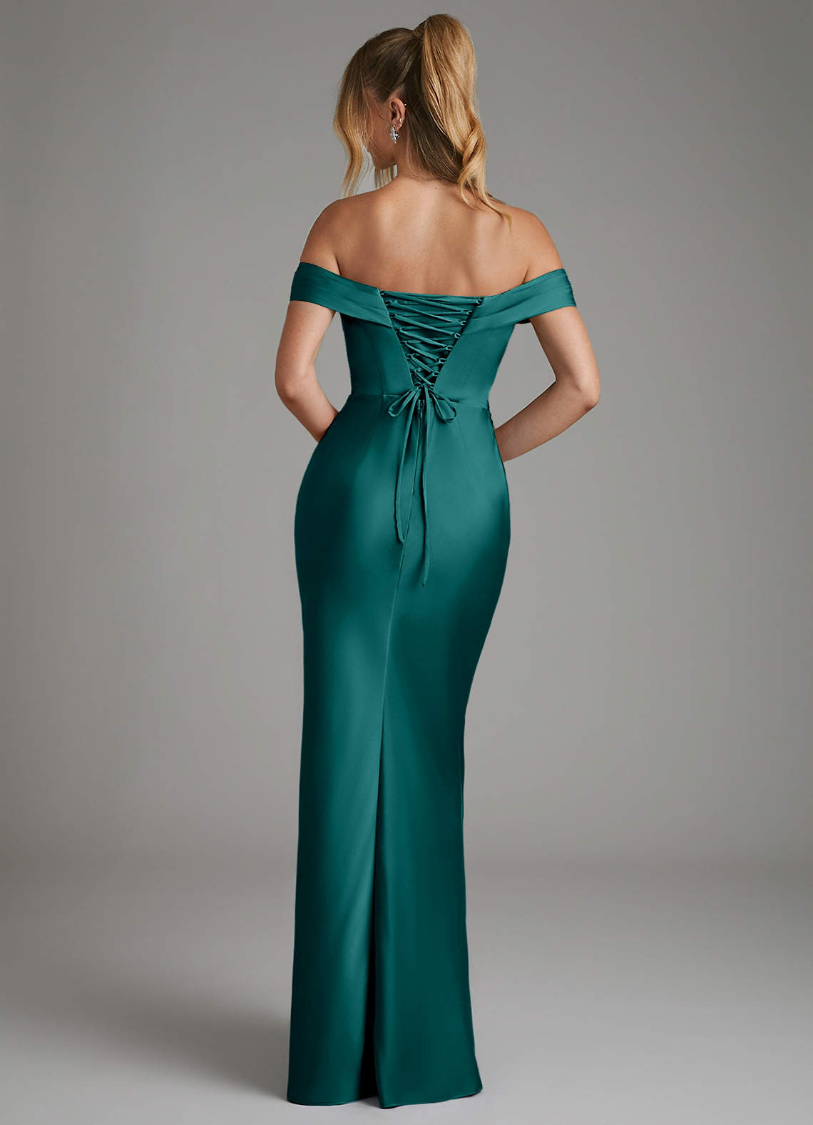 Hayden Mermaid Off-the-Shoulder Stretch Satin Bridesmaid Dress in Peacock