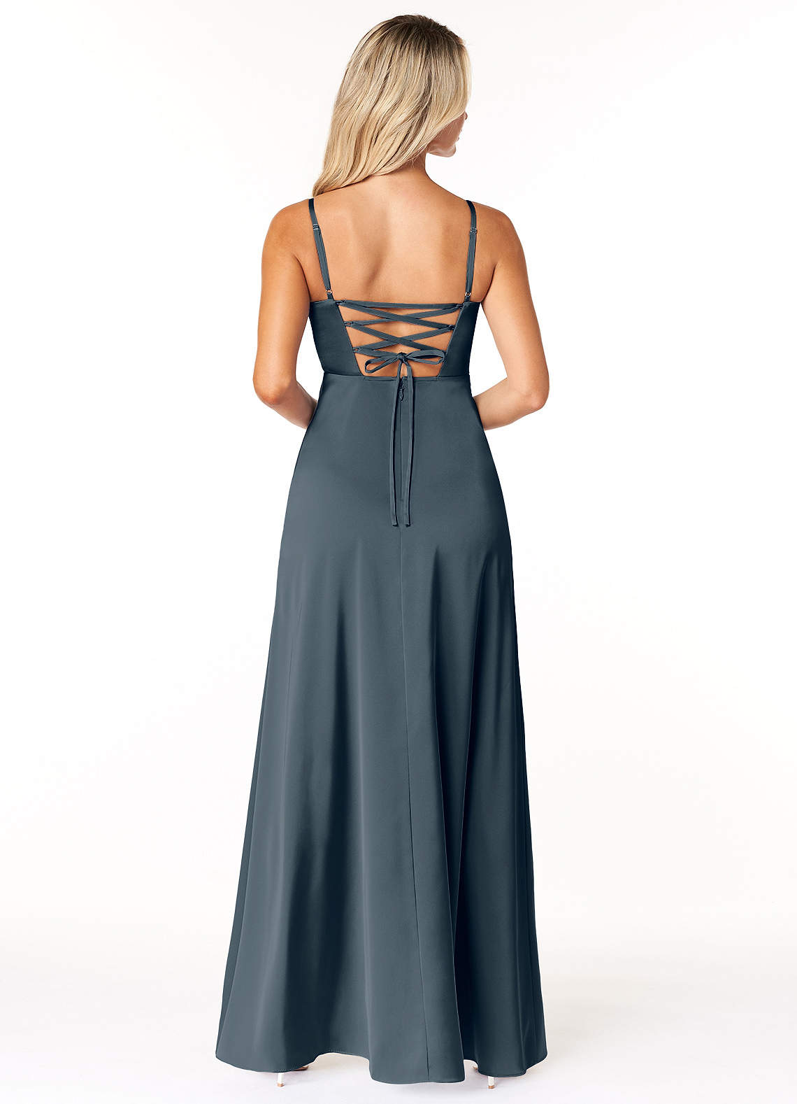 Marchella A-Line V-Neck Stretch Satin Bridesmaid Dress in Twilight