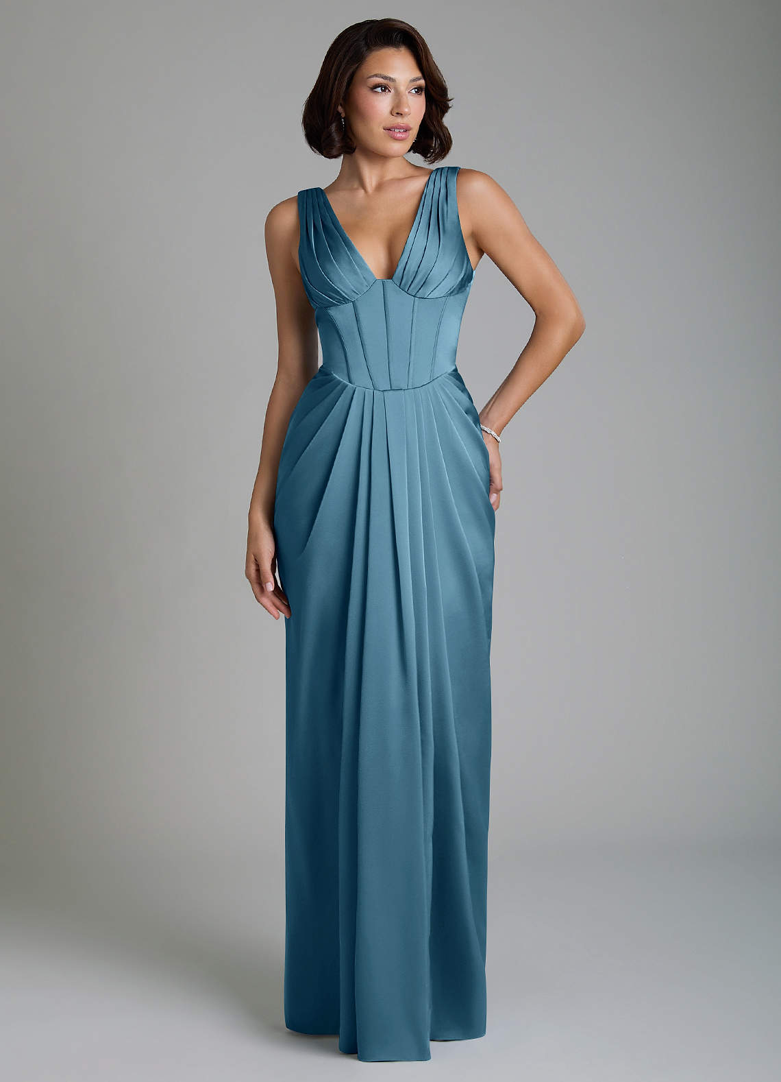 Vanya Sheath V-Neck Stretch Satin Bridesmaid Dress in Bermuda
