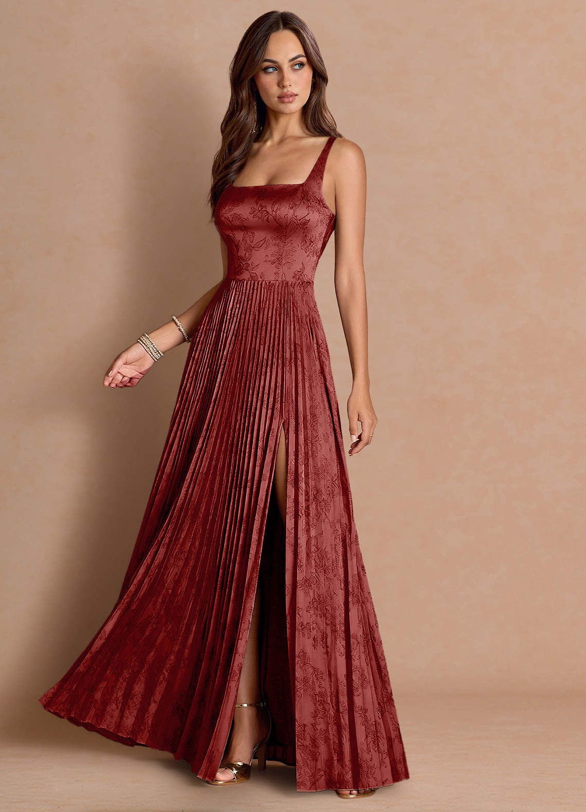 Tatiana A-Line Square-Neck Jacquard Wedding Guest Dress in Orange Red