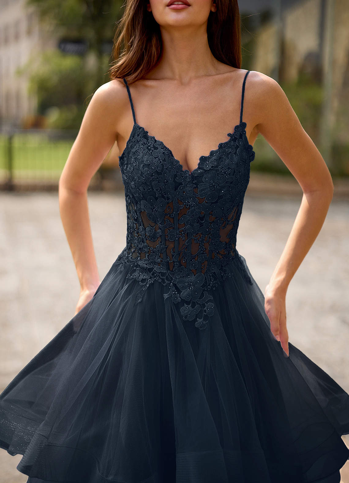 Spitze Ball Gown Sweetheart Lace Tulle Evening Dress in Navy