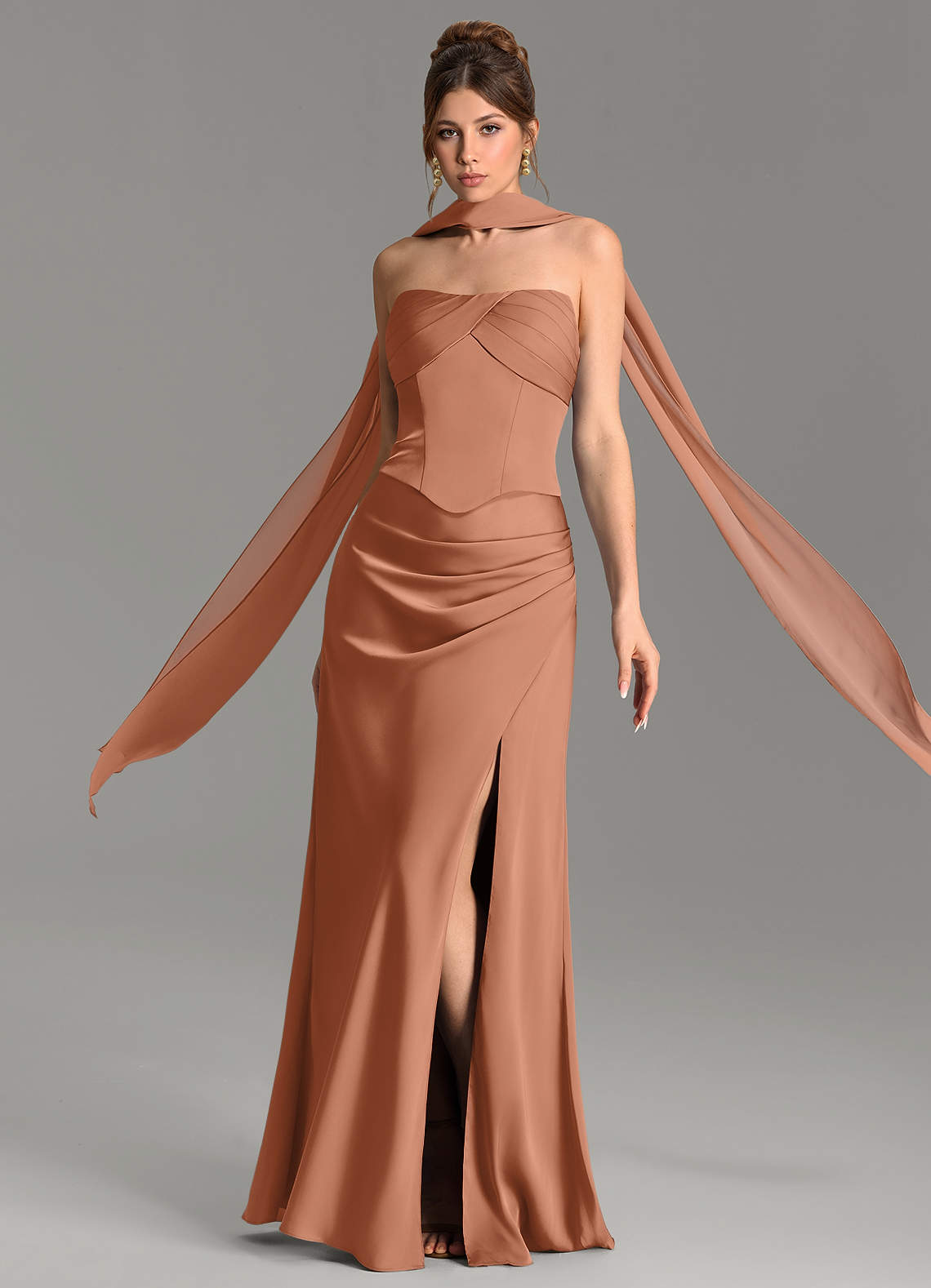 Nicki Sheath Scoop-Neck Stretch Satin Bridesmaid Dress in Bronzer