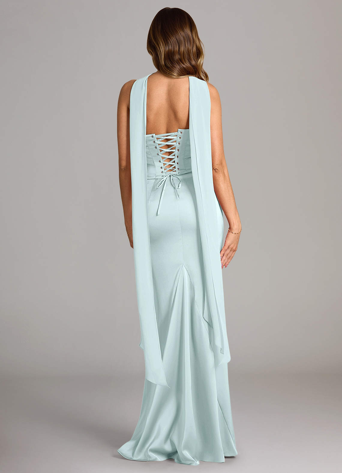 Sorrel Mermaid Cowl-Neck Stretch Satin and Chiffon Bridesmaid Dress in Sea Glass