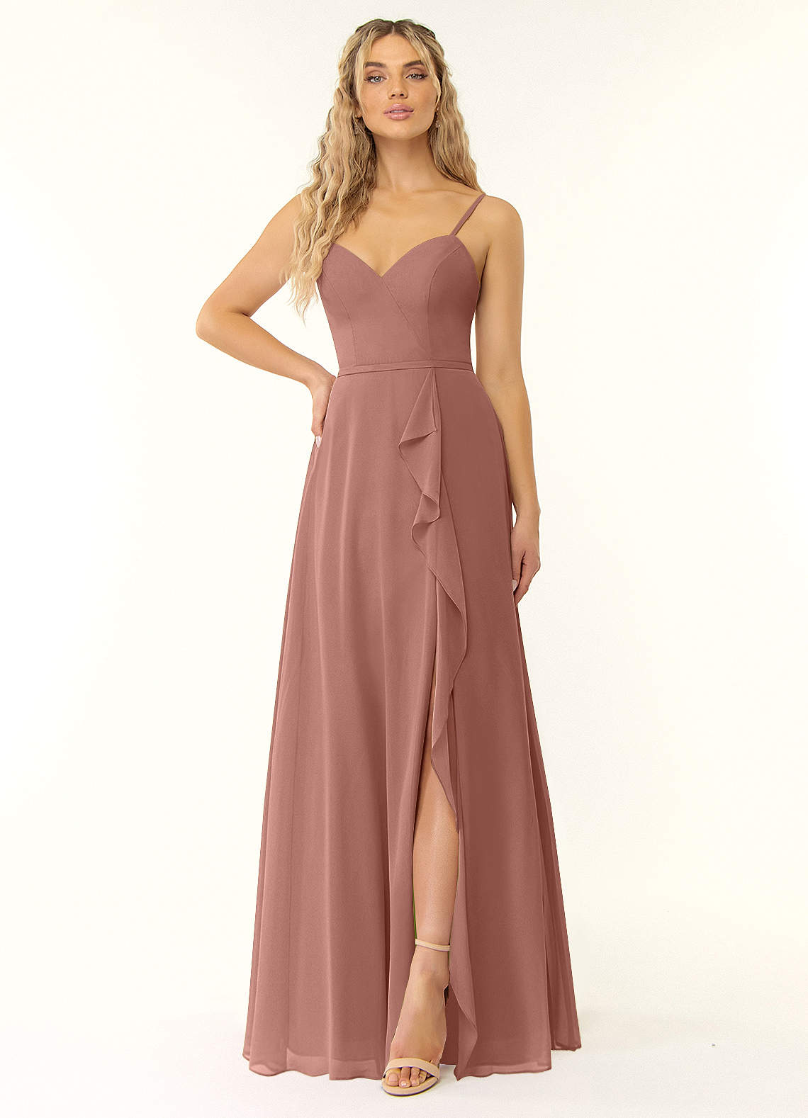 Naeem A-Line V-Neck Chiffon Bridesmaid Dress in Cedar Rose