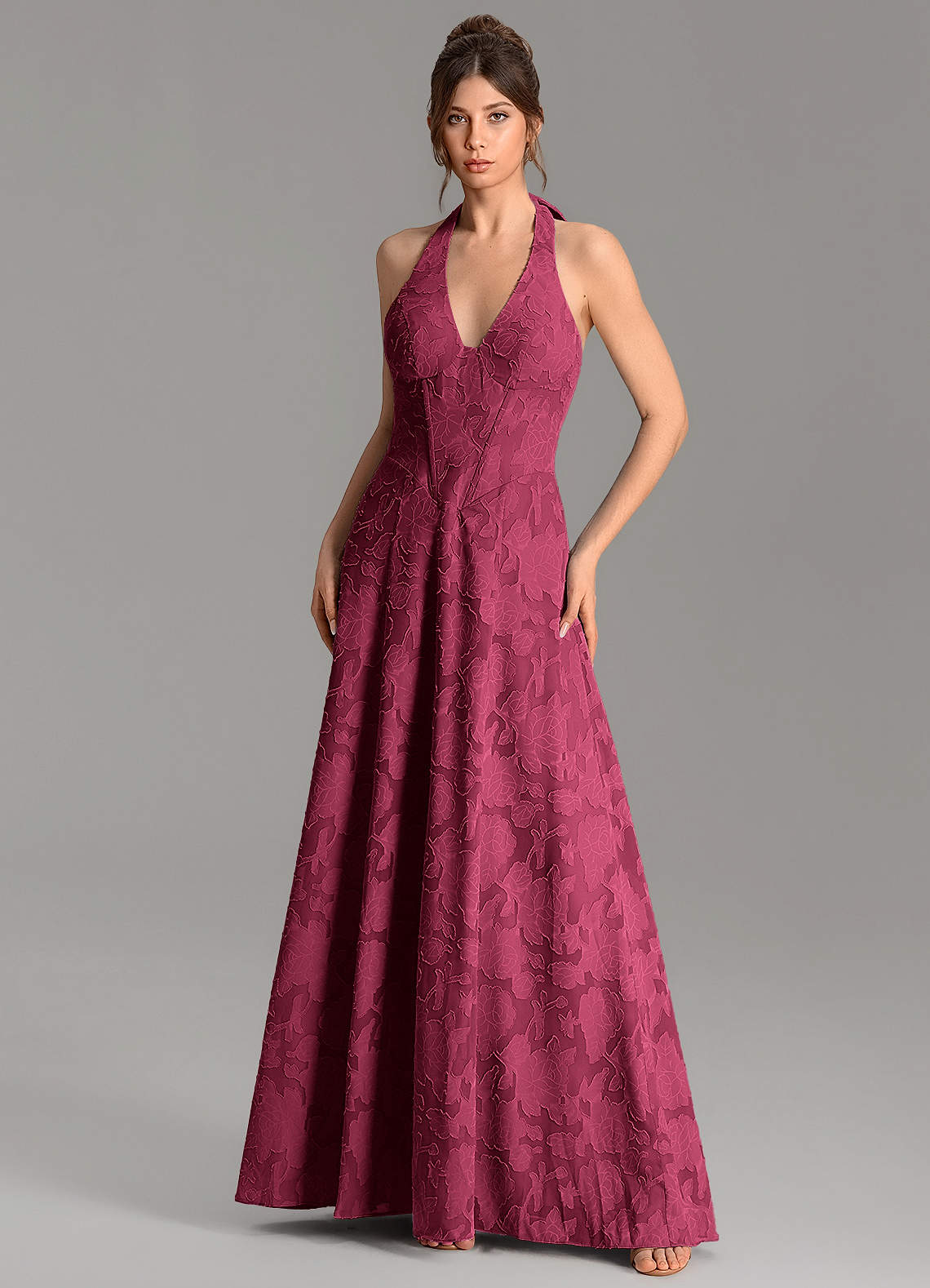 Nia A-Line V-Neck Floral Burnout Bridesmaid Dress in Burgundy