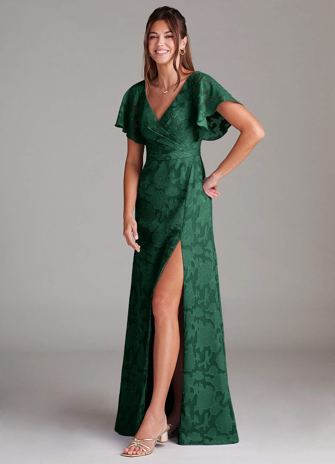 Ambrosia A-Line V-Neck Floral Burnout Bridesmaid Dress in Dark Green