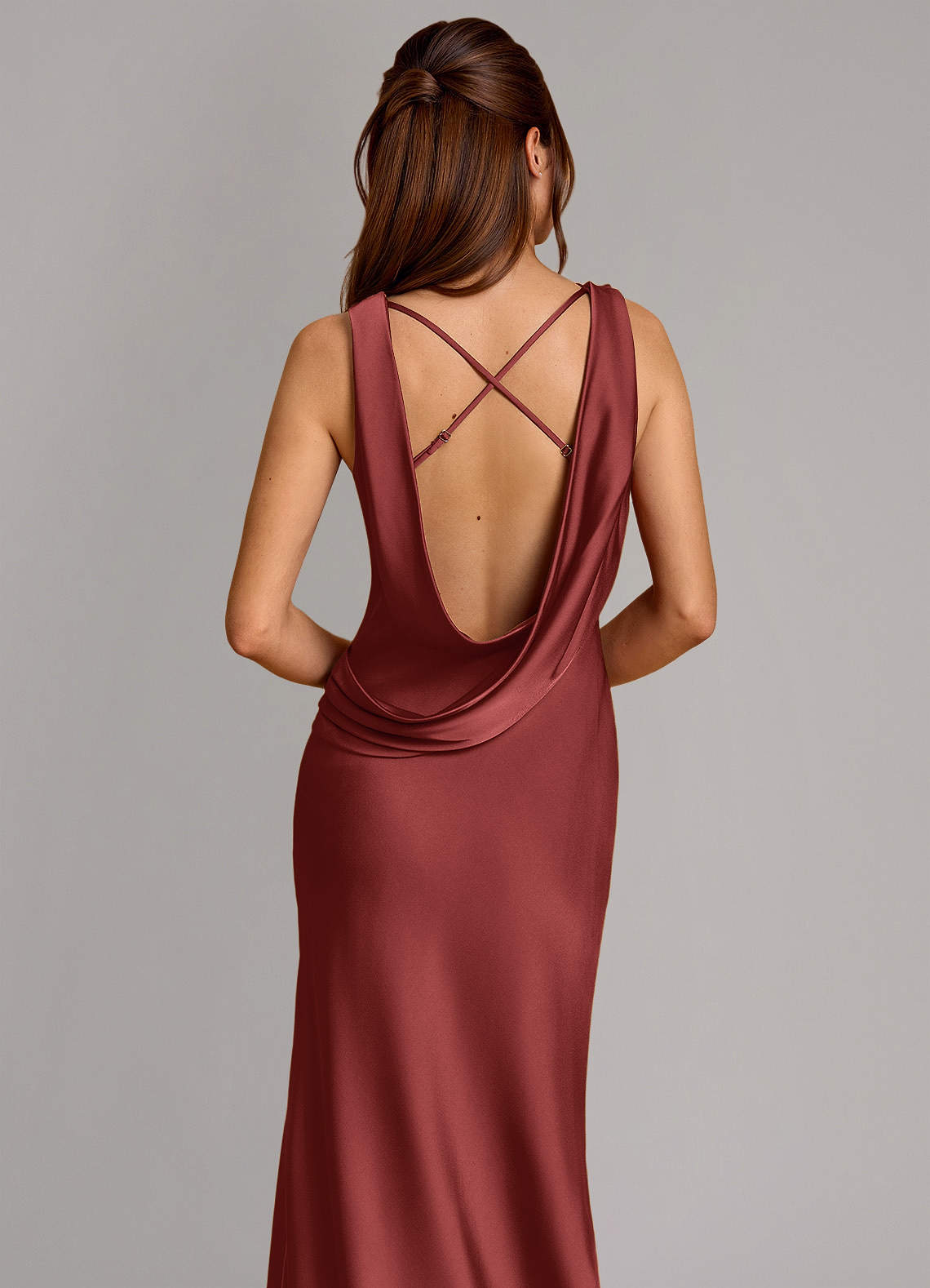 Cheryl Mermaid Cowl-Neck Stretch Satin Bridesmaid Dress in Terracotta