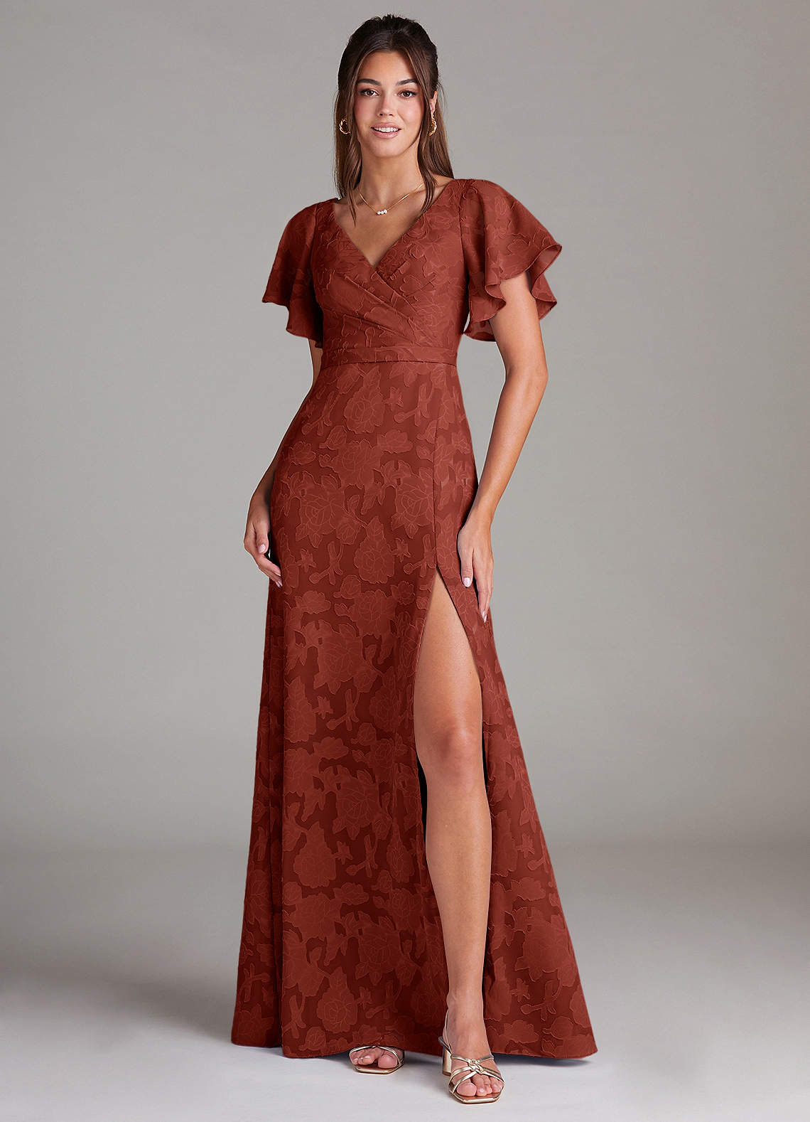 Ambrosia A-Line V-Neck Floral Burnout Bridesmaid Dress in Terracotta