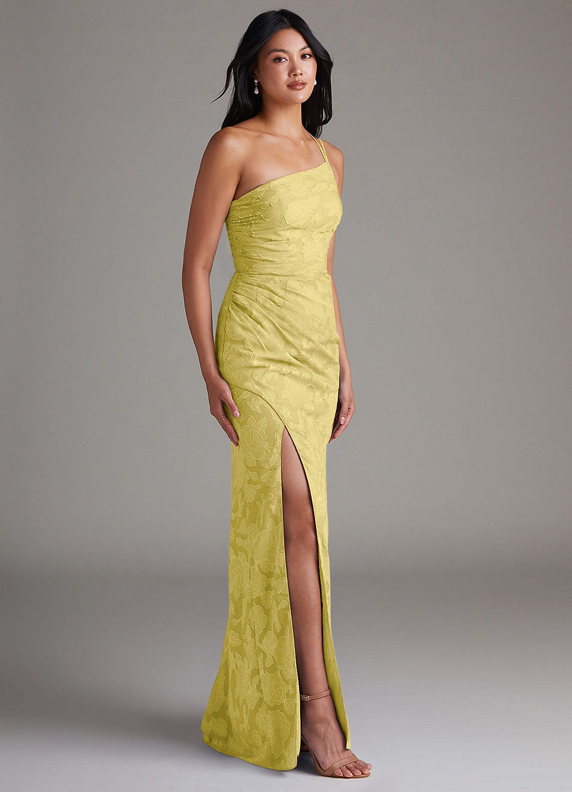 Eren Sheath One-Shoulder Floral Burnout Bridesmaid Dress in Canary