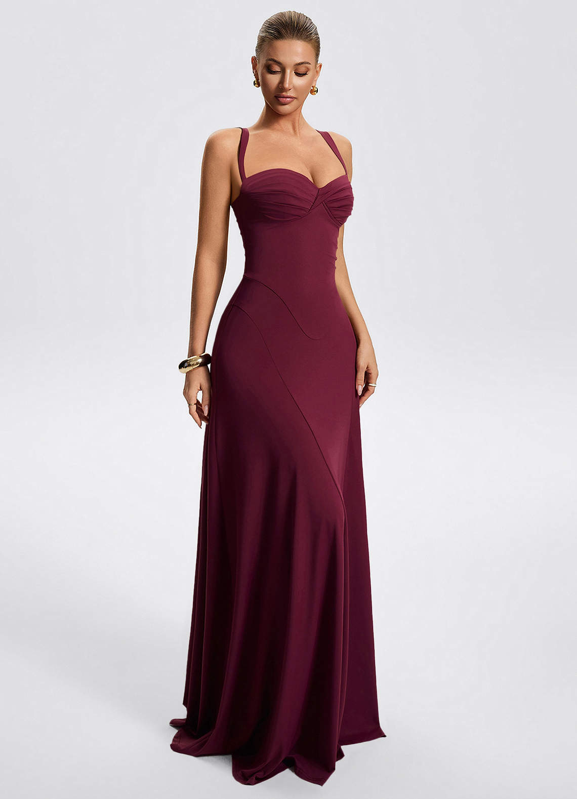 Zephira Fitted Sweetheart Godet Stretch Jersey Wedding Guest Dress in Cabernet