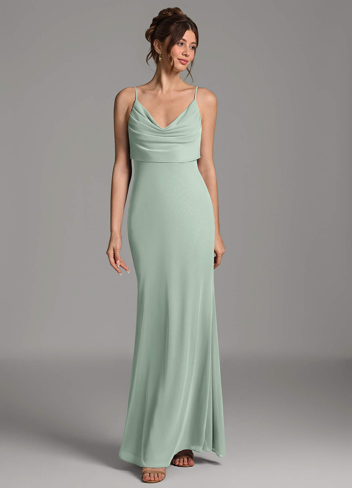 Zari Mermaid Cowl-Neck Mesh Bridesmaid Dress in Agave