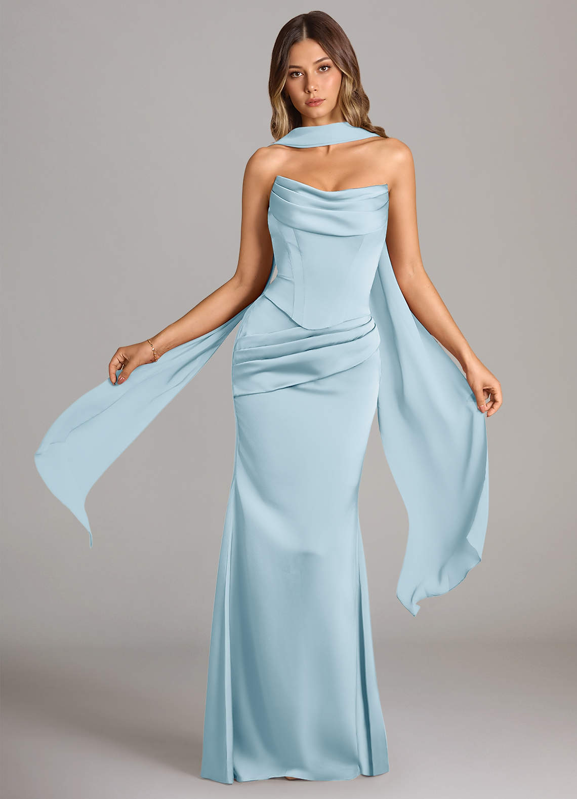 Sorrel Mermaid Cowl-Neck Stretch Satin and Chiffon Bridesmaid Dress in Sky Blue