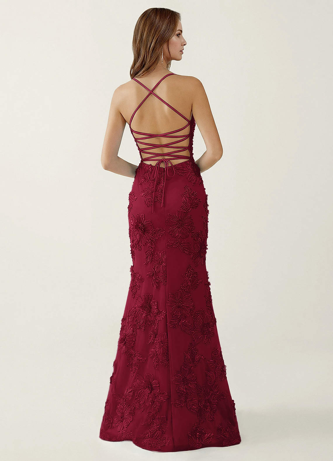 Bellatrix Mermaid Spaghetti-Strap Stretch Lace Evening Dress in Burgundy