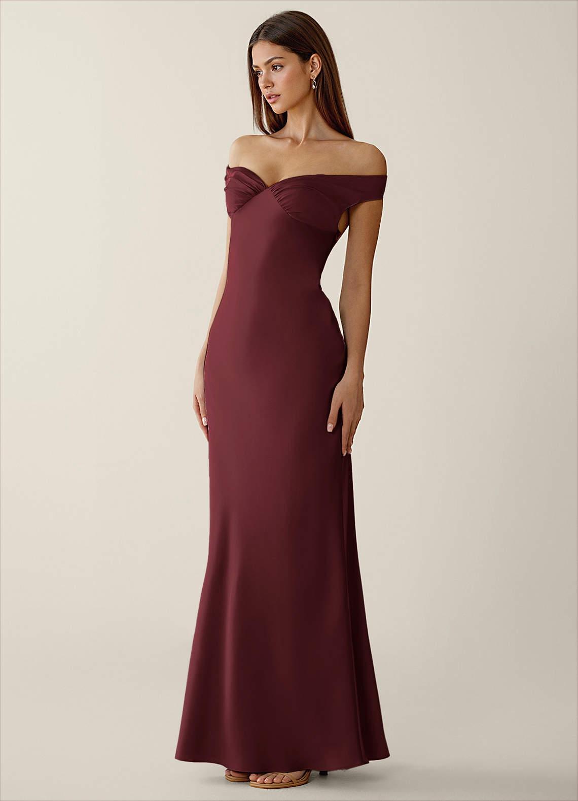 Gwendonme Sheath Off-the-Shoulder Satin Crystal Linen Evening Dress in Wine