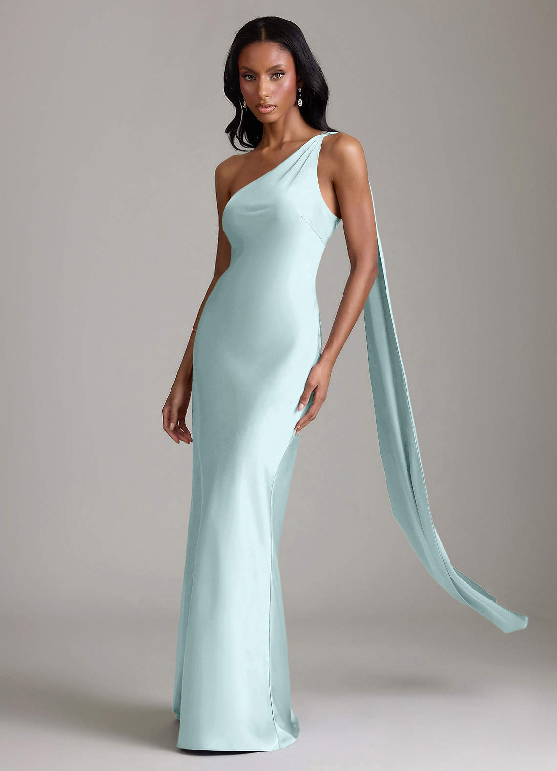 Juniper Mermaid One-Shoulder Stretch Satin Bridesmaid Dress in Sea Glass