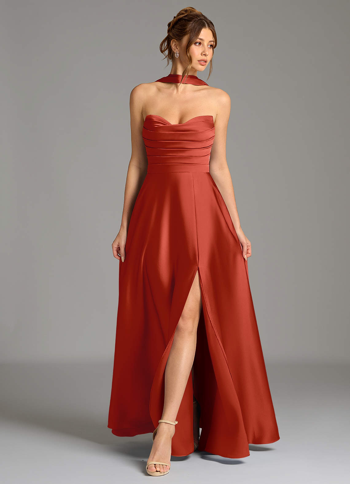 Ayla A-Line Sweetheart Stretch Satin Bridesmaid Dress in Rust