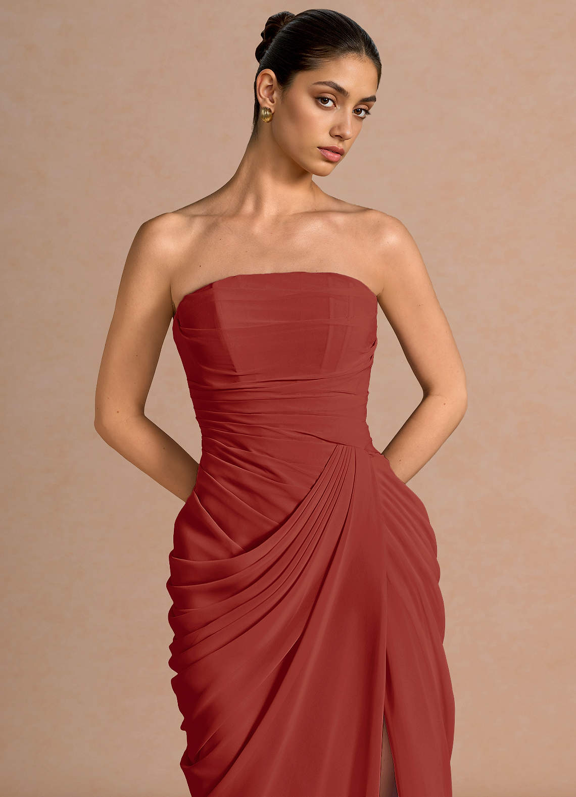 Kaavia Column Pleated Chiffon Midi Evening Dress in Burnt Umber