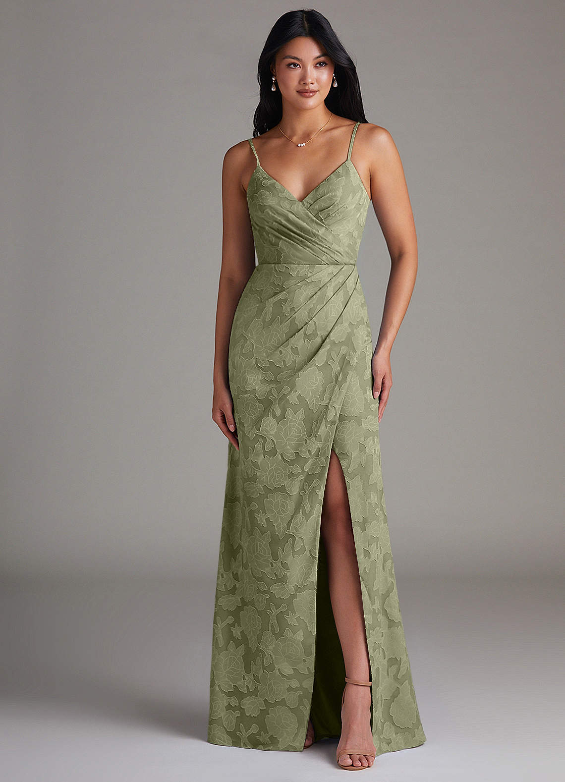 Maci Sheath V-Neck Floral Burnout Bridesmaid Dress in Pistachio