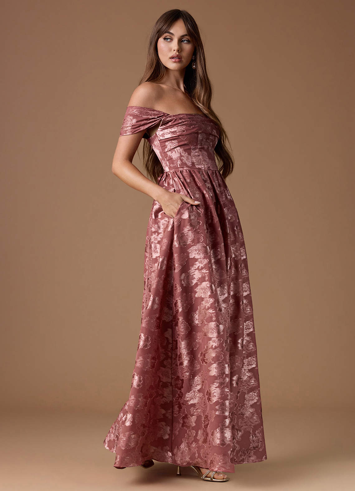Hazel A-Line Cowl-Neck Fil Coupé Wedding Guest Dress in Vintage Rose