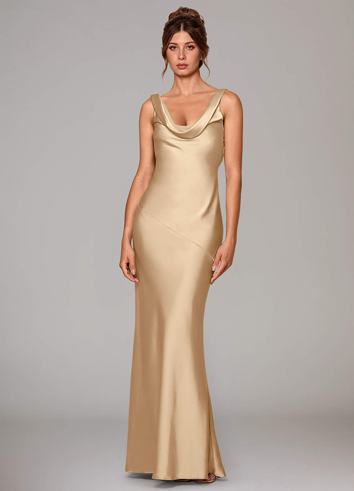 Rylina Mermaid Cowl-Neck Stretch Satin Bridesmaid Dress in Champagne