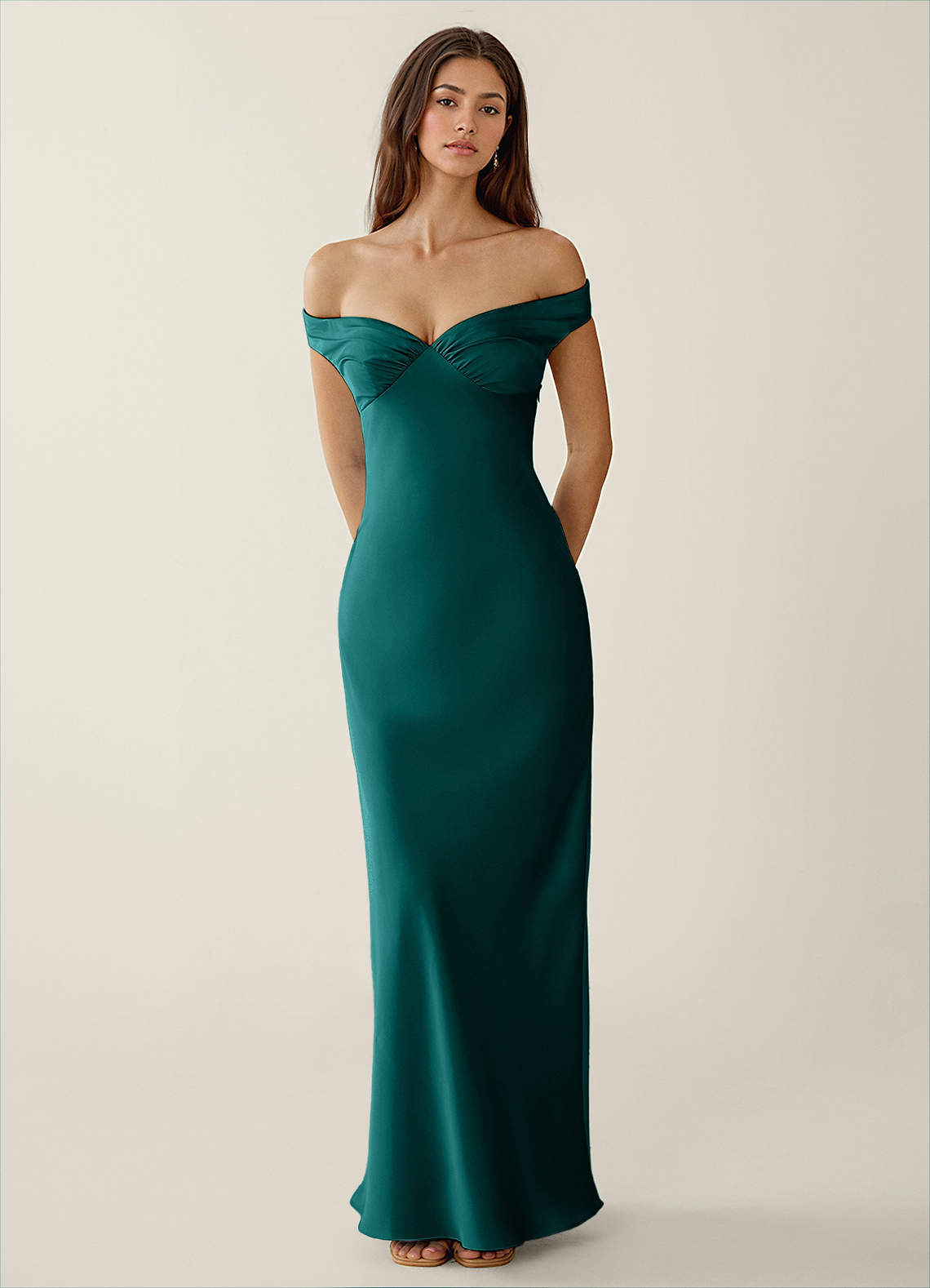 Gwendonme Sheath Off-the-Shoulder Satin Crystal Linen Evening Dress in Peacock