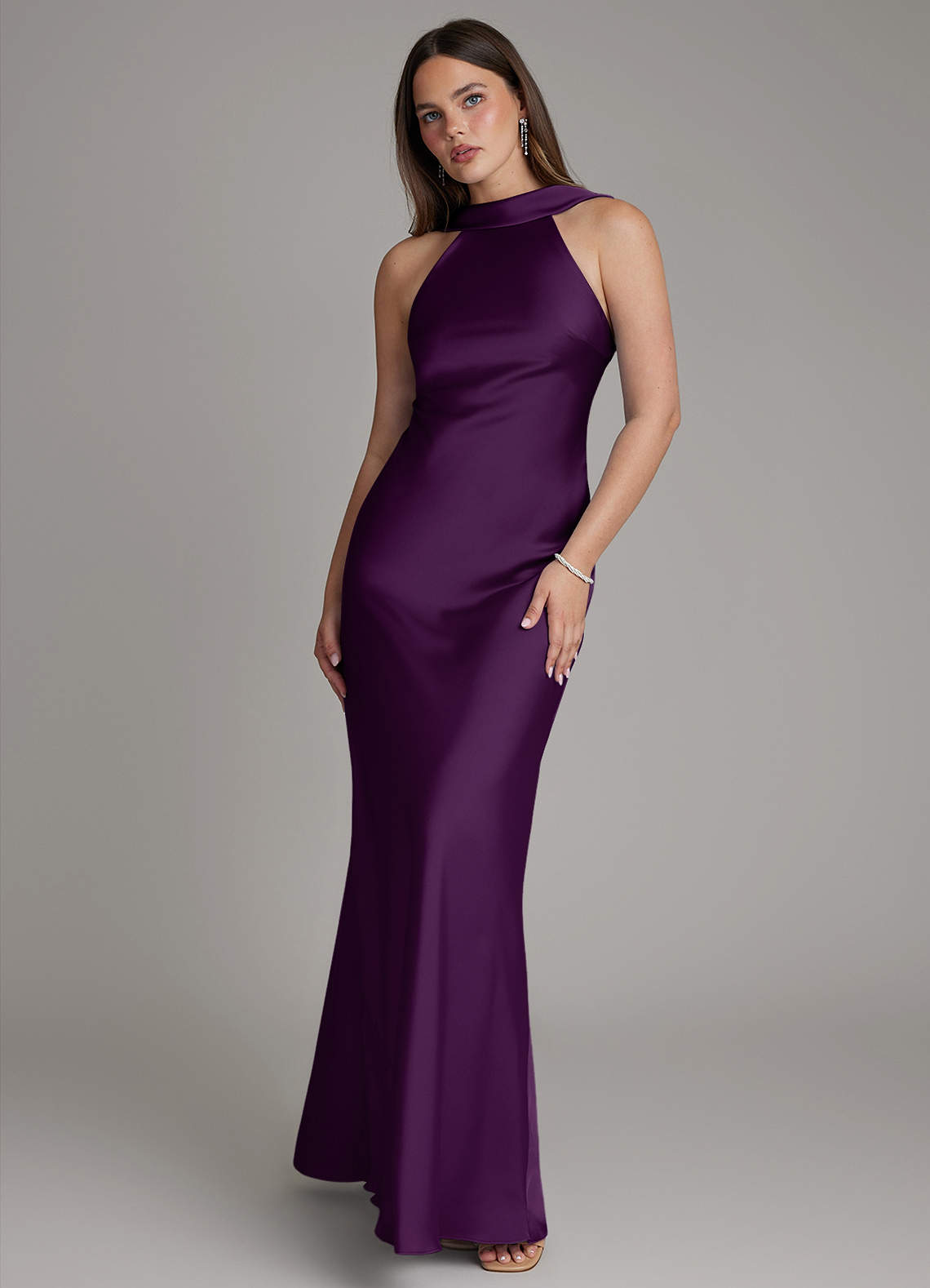 Dimitra Sheath Halter Stretch Satin Bridesmaid Dress in Grape