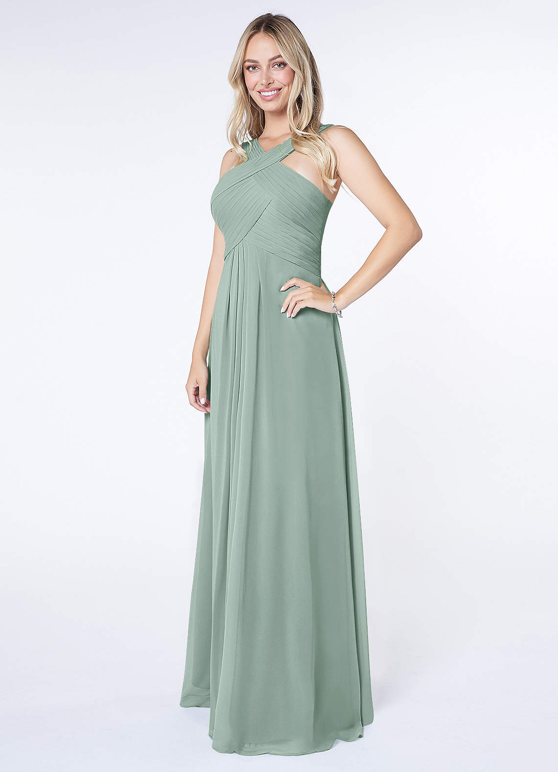 Kaleigh A-Line Halter Chiffon Bridesmaid Dress in Agave