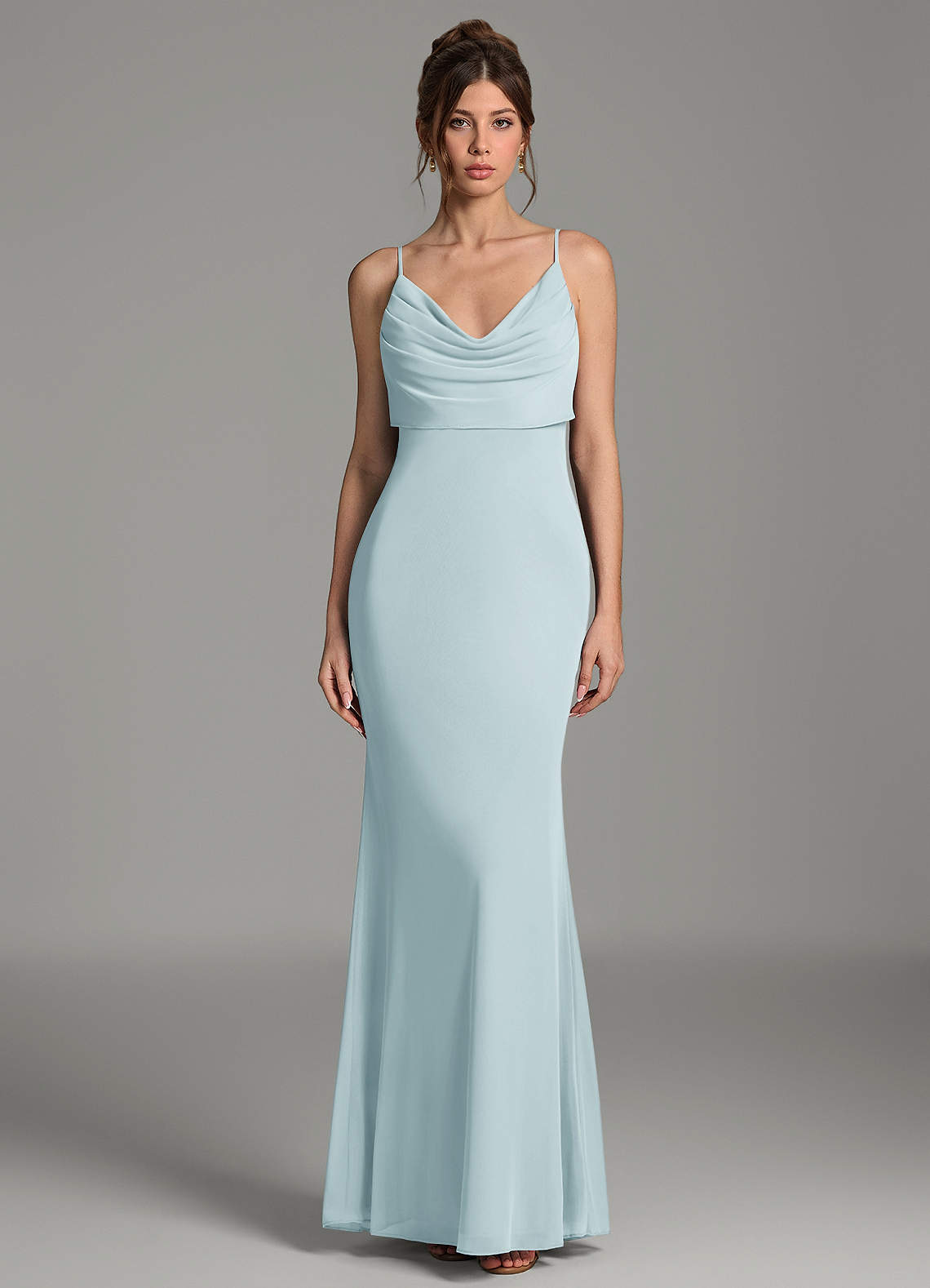 Zari Mermaid Cowl-Neck Mesh Bridesmaid Dress in Mist