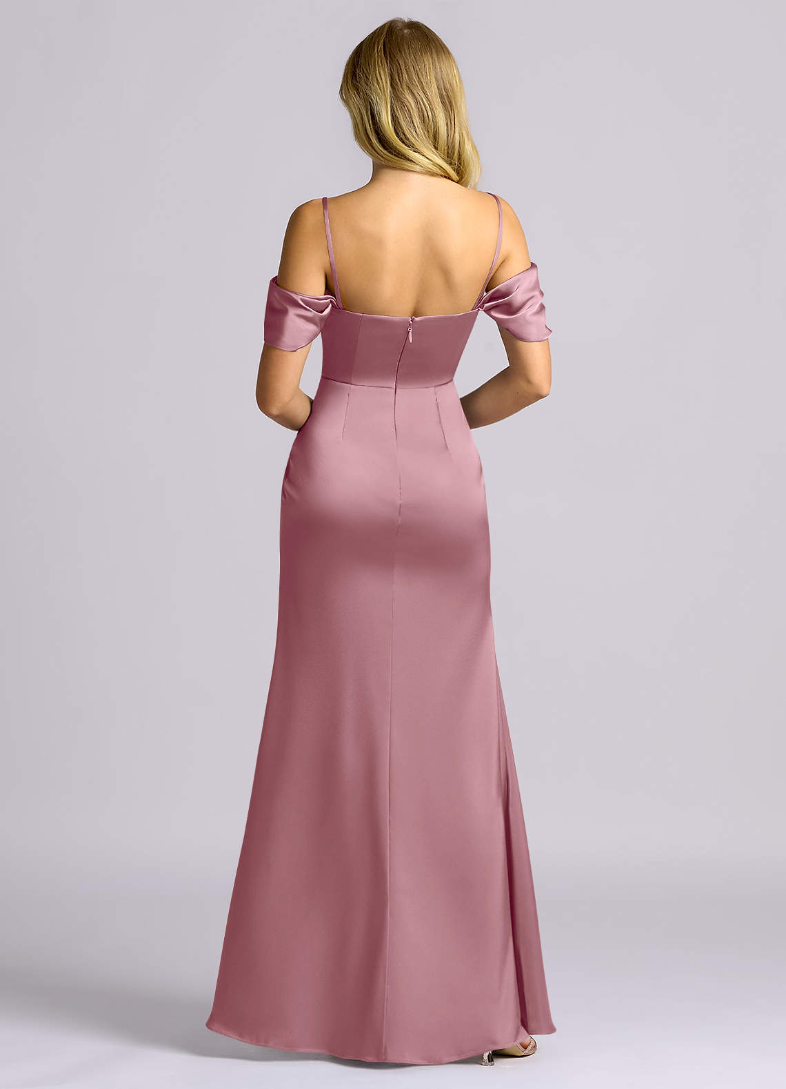 Auden Sheath Off-the-Shoulder Stretch Satin Bridesmaid Dress in Vintage Mauve