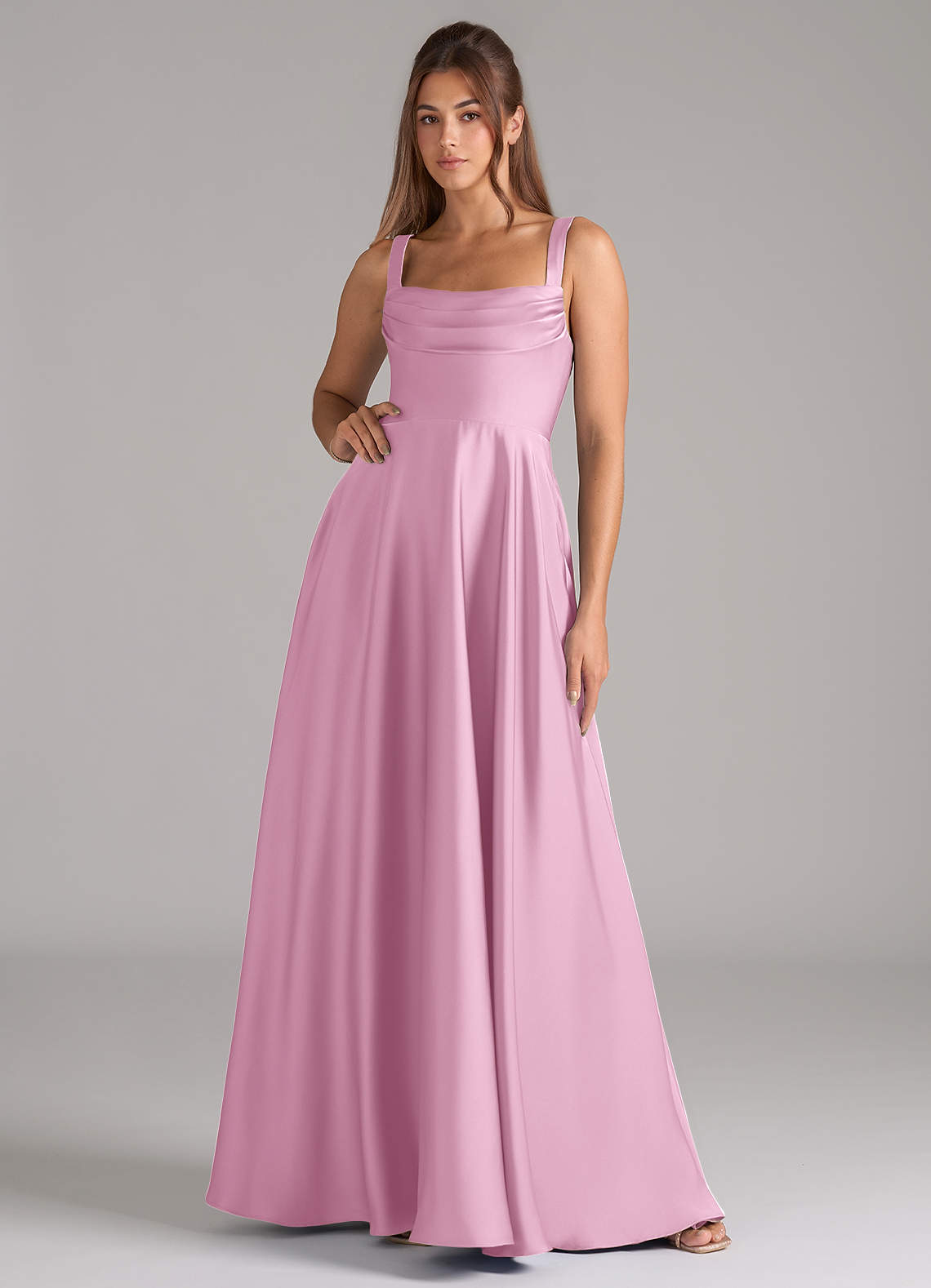 Shaude A-Line Square-Neck Stretch Satin Bridesmaid Dress in candy pink