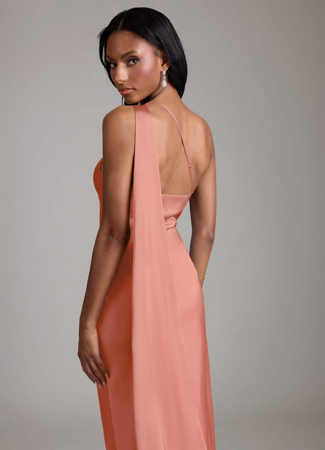 Juniper Mermaid One-Shoulder Stretch Satin Bridesmaid Dress in Salmon Pink