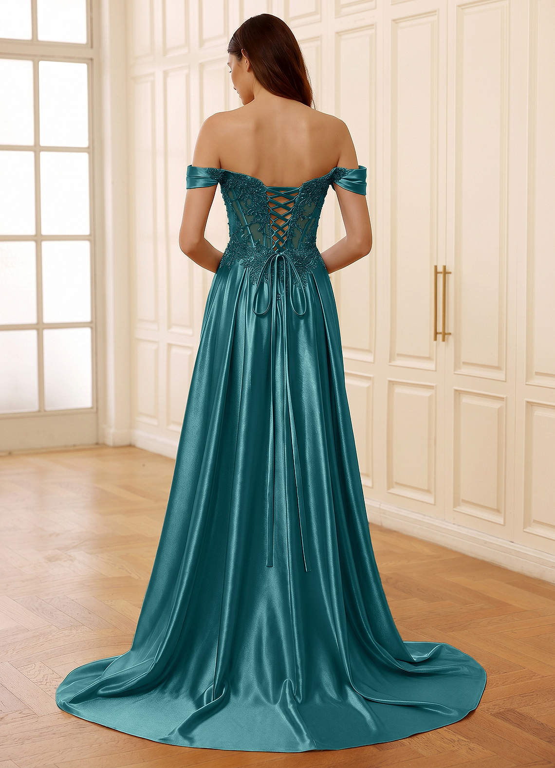 Rowane A-Line Off-the-Shoulder Satin Evening Dress in Peacock Blue