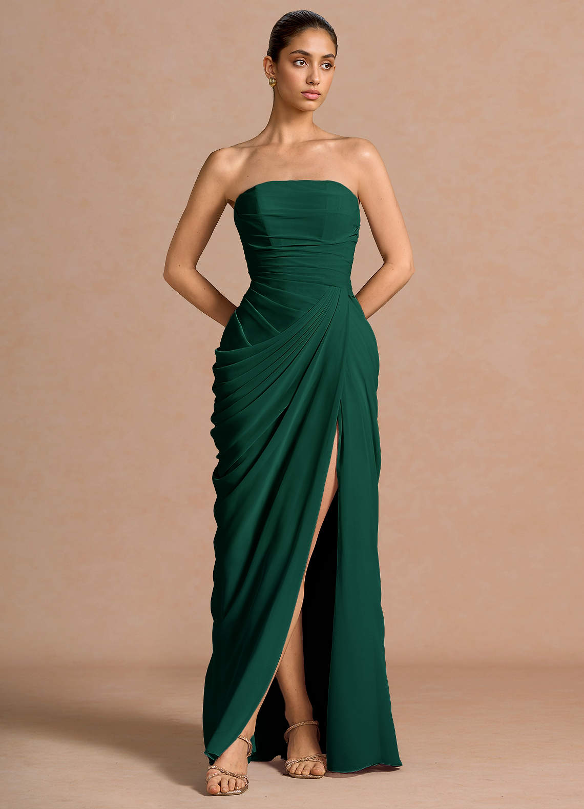 Kaavia Column Pleated Chiffon Maxi Evening Dress in Hunter Green