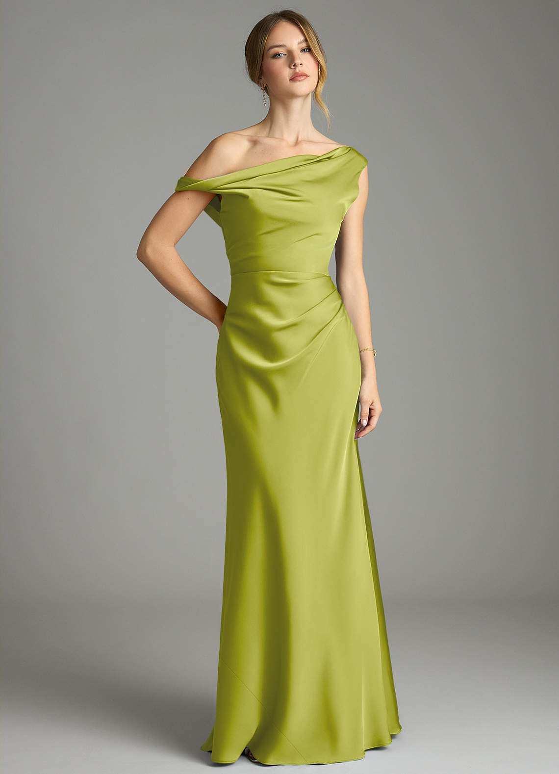 Emerson Mermaid One-Shoulder Stretch Satin Bridesmaid Dress in Lemongrass