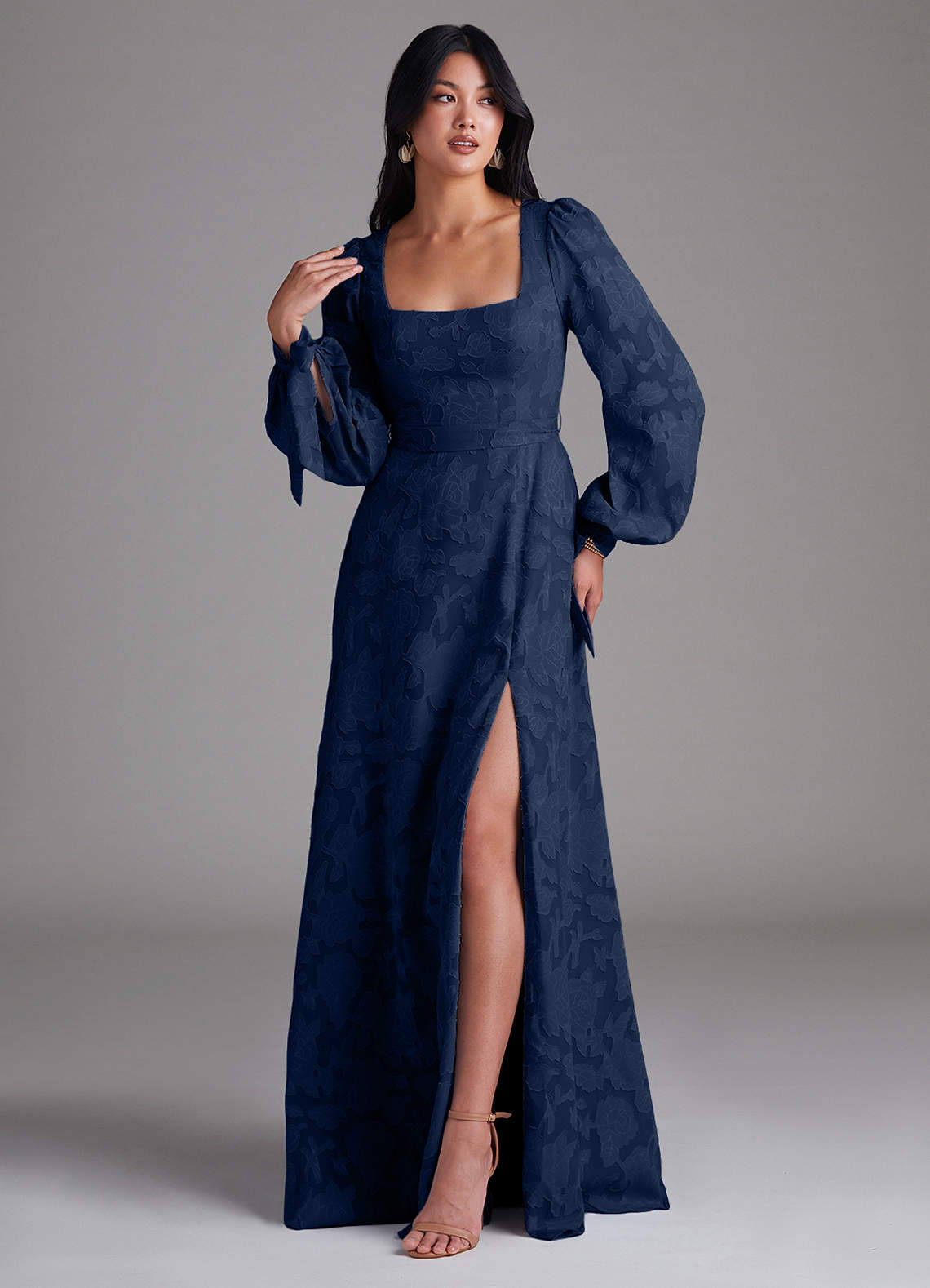 Leonia A-Line Square-Neck Stretch Satin Bridesmaid Dress in Dark Navy