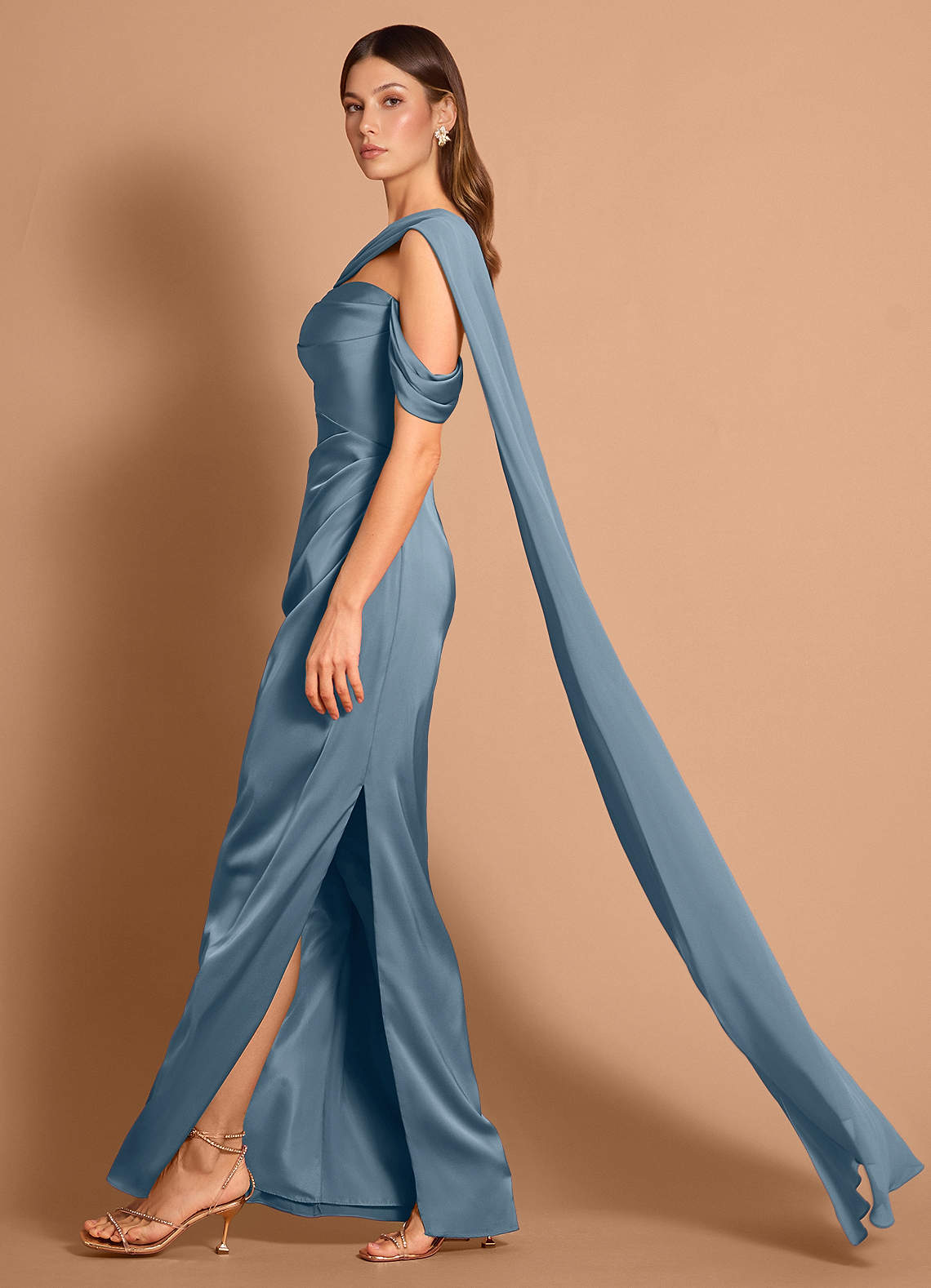 Meliora Asymmetric Strapless Chiffon-Drape Stretch Satin Evening Dress in Powder Blue
