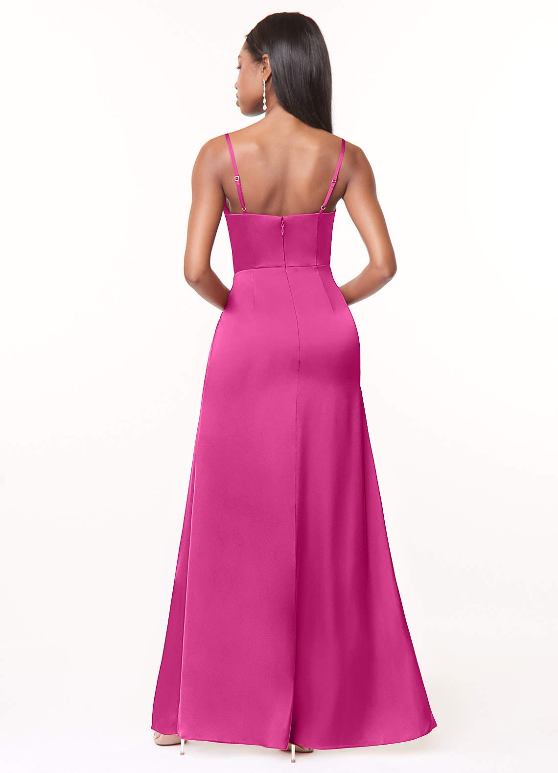 Maci A-Line V-Neck Stretch Satin Bridesmaid Dress in Fuchsia
