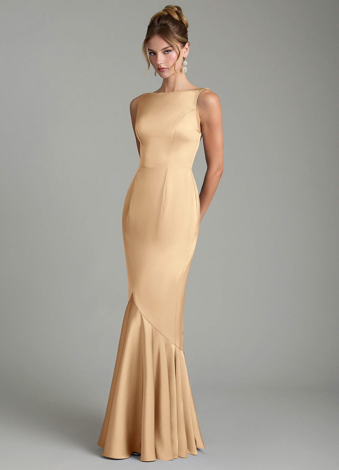 Tamera Mermaid Boat-Neck Stretch Satin and Chiffon Bridesmaid Dress in Champagne