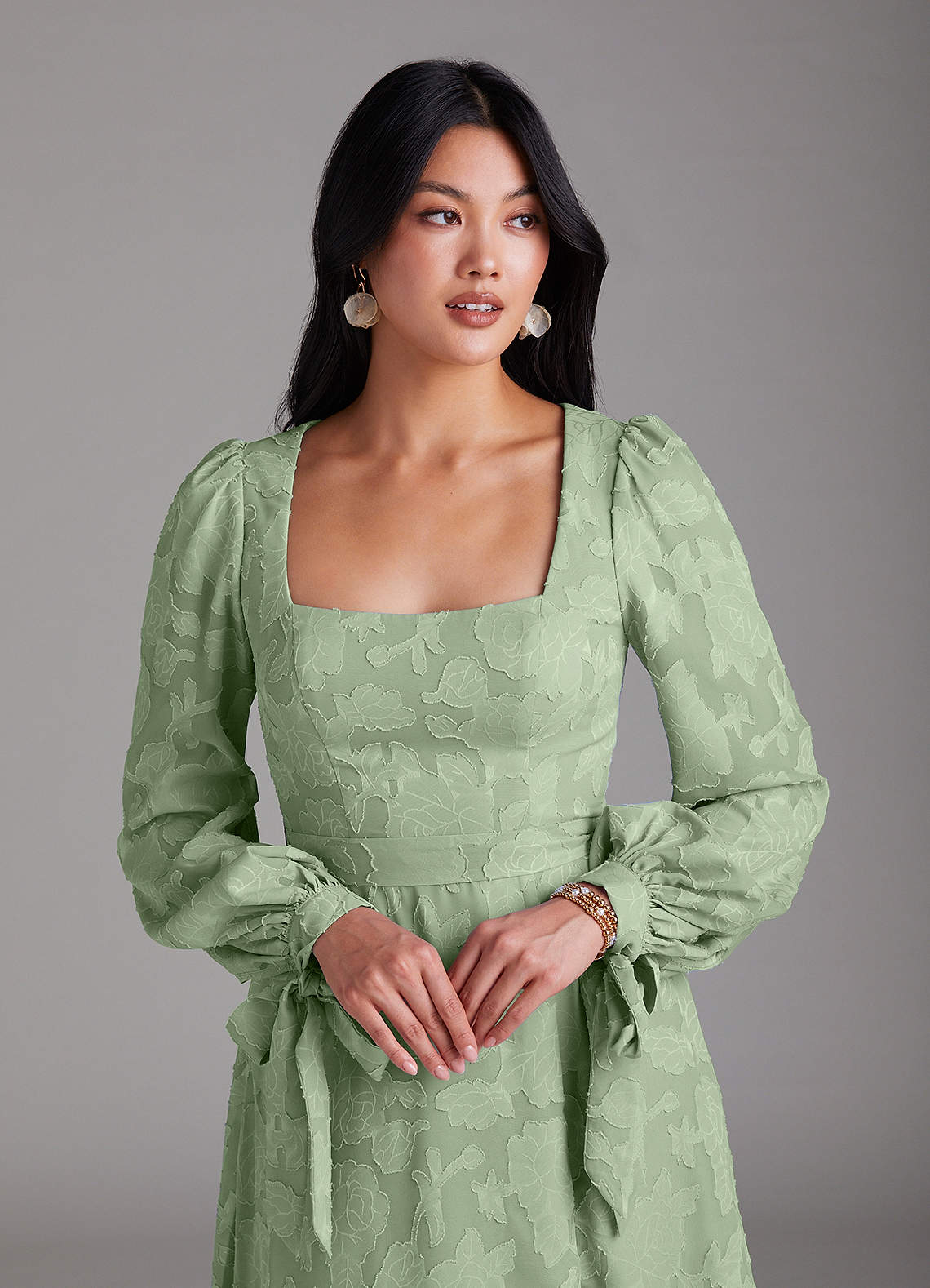 Leonia A-Line Square-Neck Stretch Satin Bridesmaid Dress in Dusty Sage