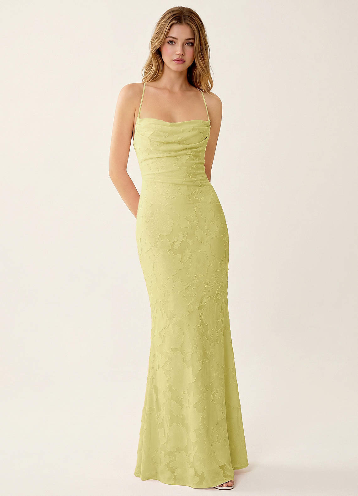 Natasha Mermaid Spaghetti-Strap Floral Burnout Evening Dress in Lemon Sorbet