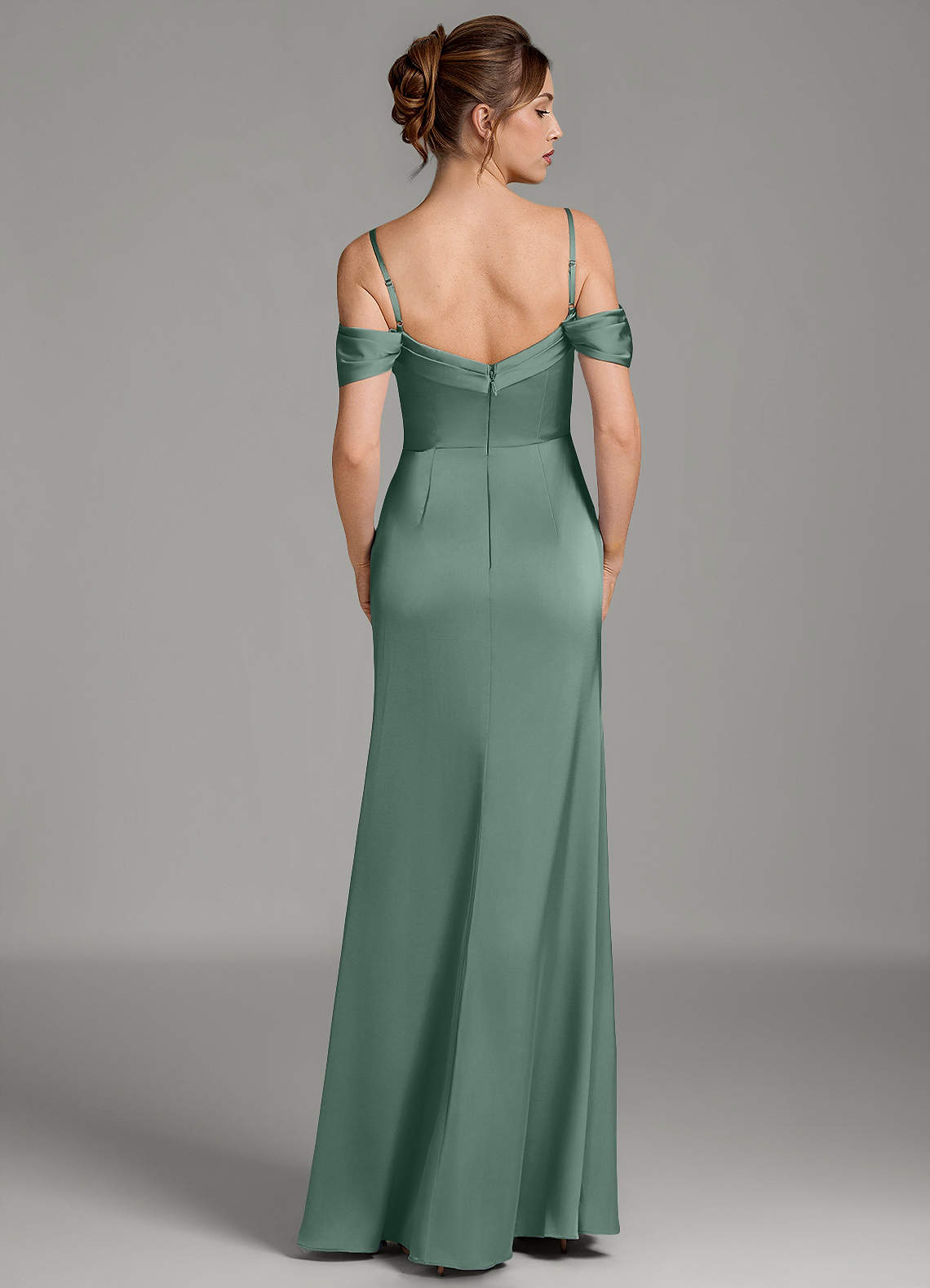 Wyatt Mermaid Off-the-Shoulder Stretch Satin Bridesmaid Dress in Eucalyptus