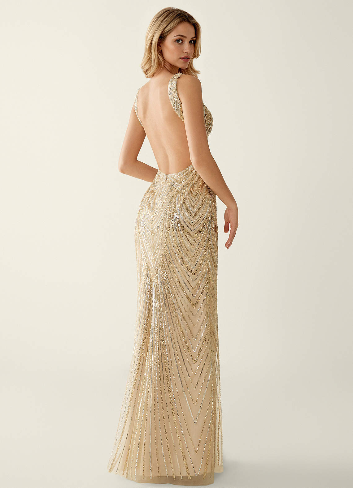 Hazelen Plunging V-Neck Chevron Sequin Tulle Evening Dress in Champagne