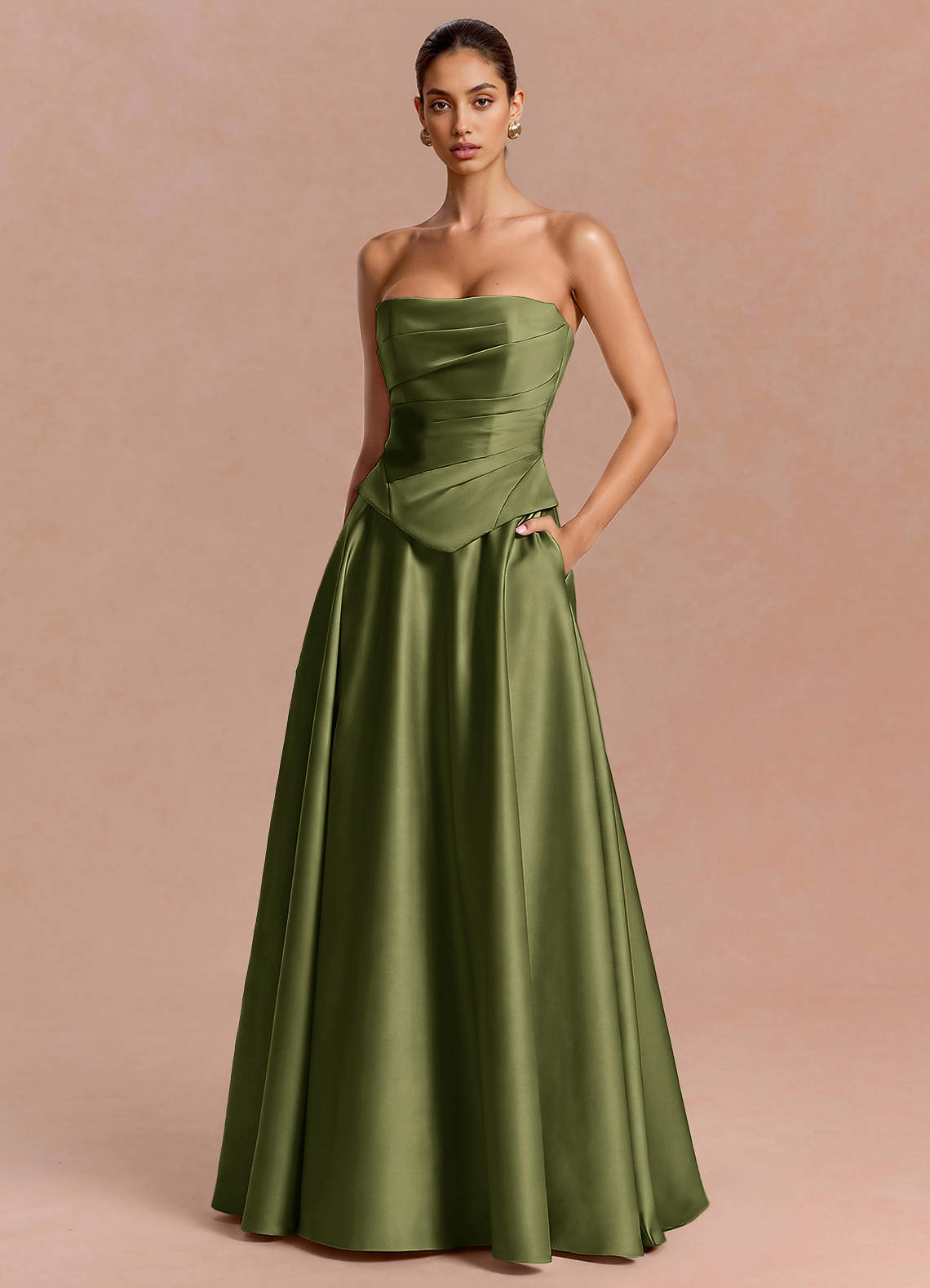 Eponine A-Line Pleated Stretch Satin Evening Dress in Olive