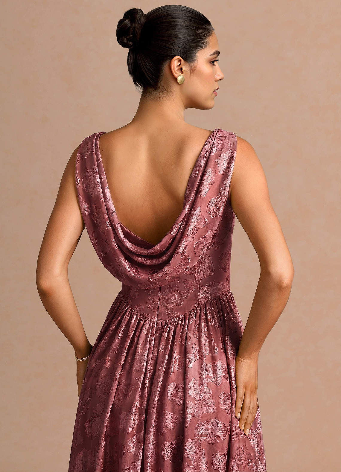Novi A-Line Draped-Neck Floral Fil Coupé Evening Dress in Vintage Rose